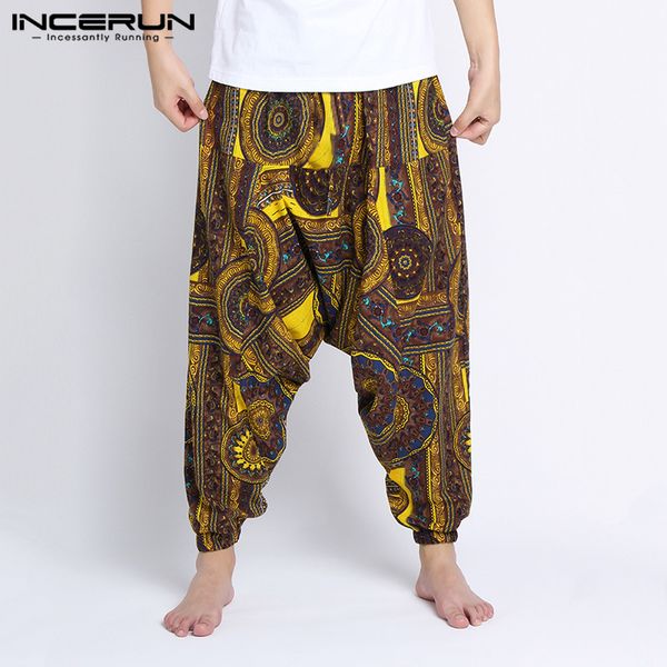 

men's pants incerun printed men harem cotton vintage streetwear ethnic style 2021 drop-crotch trousers joggers baggy pantalon 5xl, Black