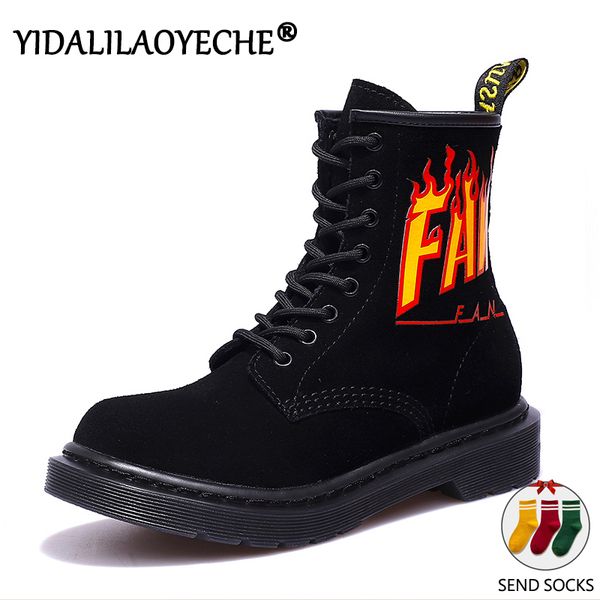 

print punk shoes wedges ankle boots women flat lace-up boots woman cow seude womens short casual flat heel, Black