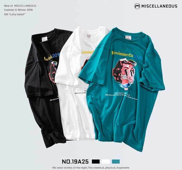 

men s summer new oversized men s t-shirt off shoulder short sleeve men s creative printing tide brand short t, White;black