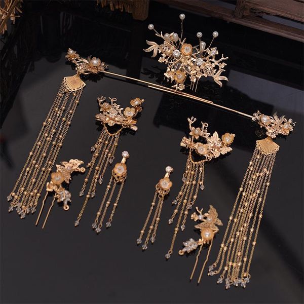 

hanfu tiara bride costume hair accessories chinese phoenix crown luxury classical wedding dress accessories, Golden;white