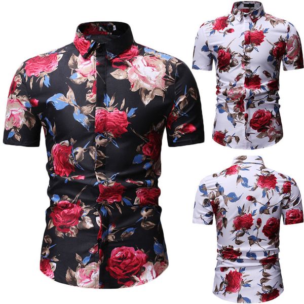 

2019 new style fashion men slim fit shirt short sleeve cotton stylish formal casual floral print button, White;black