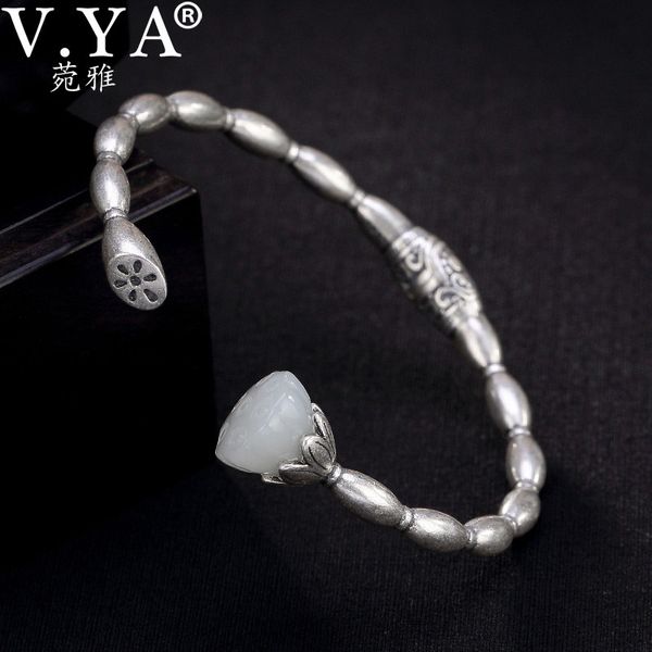 

v.ya 925 sterling silver lotus root open bangles for women vintage enthic thai silver bangle natural stone lotus bijoux, Black