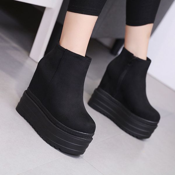 

lady boots rock shoes woman zipper winter women clogs platform round toe ladies martins 2019 high heel wedge autumn rubber, Black