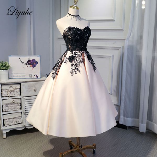 

liyuke ruched mix black custom made new prom dress a line strapless party dress knee-length lace up formal dresses, White;black