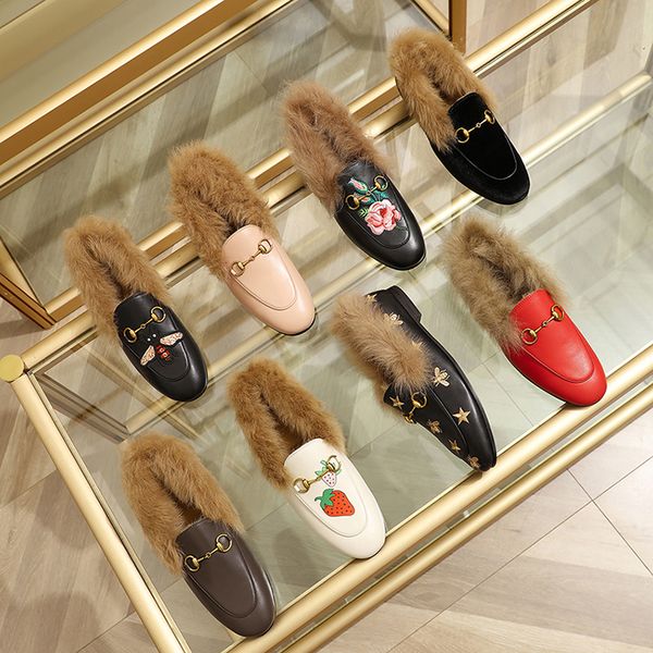 

womens mens designer fur loafers flats leather velvet shoes lady men fashion luxury new shoe fur horsebit buckleeur 34-46, Black