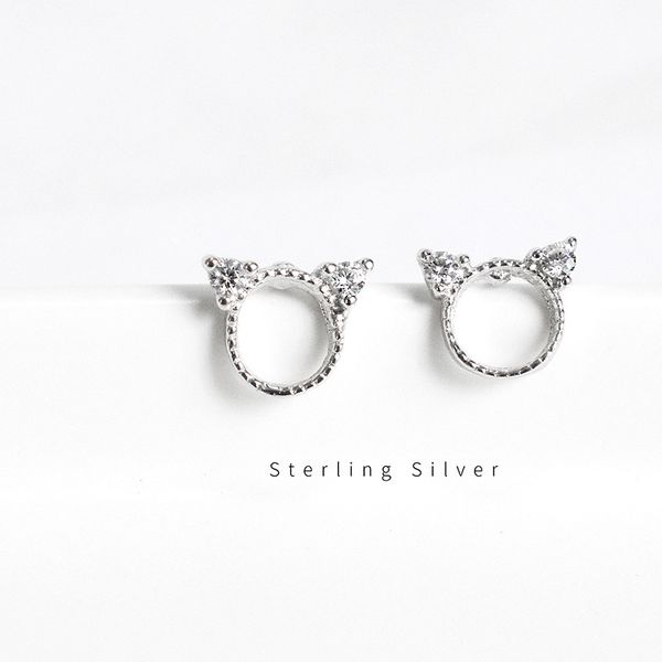 

925 sterling silver zircon cat stud earrings temperament simple hypoallergenic kitten earrings wild fashion silver jewelry, Golden;silver