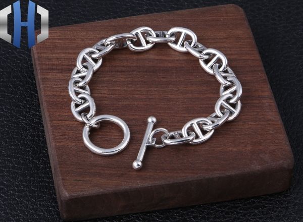 

925 sterling silver fashion jewelry korean simple retro pig nose ot buckle bracelet men and women, Black