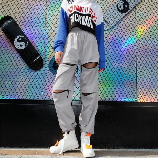 

spring womens reflective sport pants zipper grey high street ladies relaxed pants solid fashion hiphop female trousers, Black;white