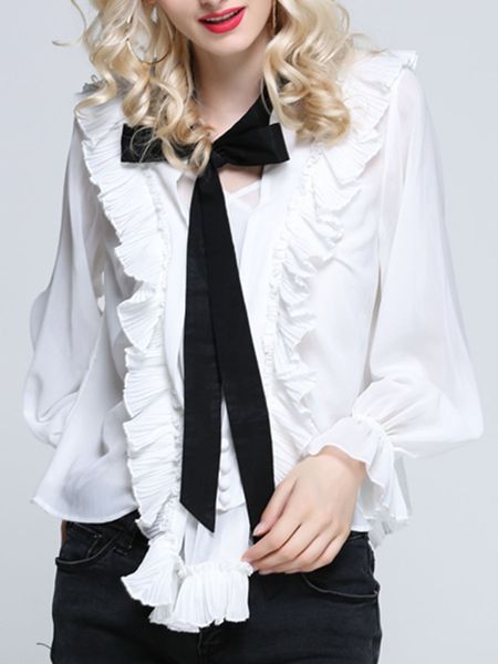 

brand designer ruffles women blouse 2019 spring summer fashion bow tie long sleeved flounced chiffon shirts party office, White