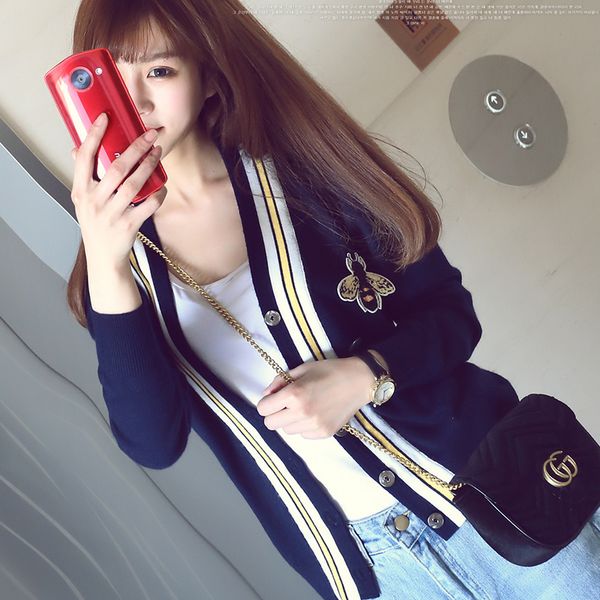 

new women's luxury sweater autumn and winter embroidery bee cardigan knitted cashmere sweater casual women's plus size, White