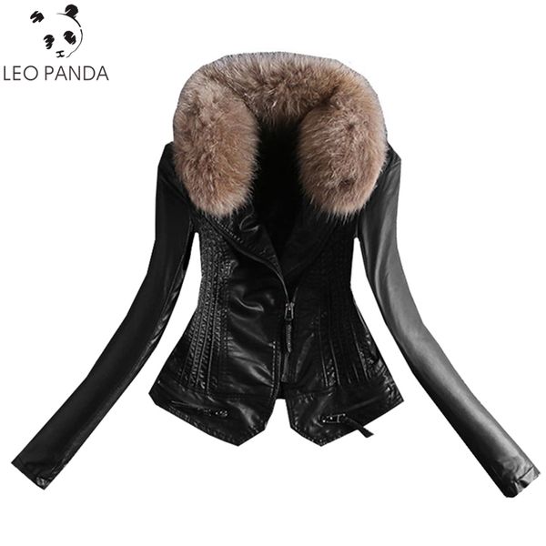 

autumn winter women plus velvet thick boutique pu jacket 2018 raccoon fur collar short jacket female plus size warm leather coat, Black