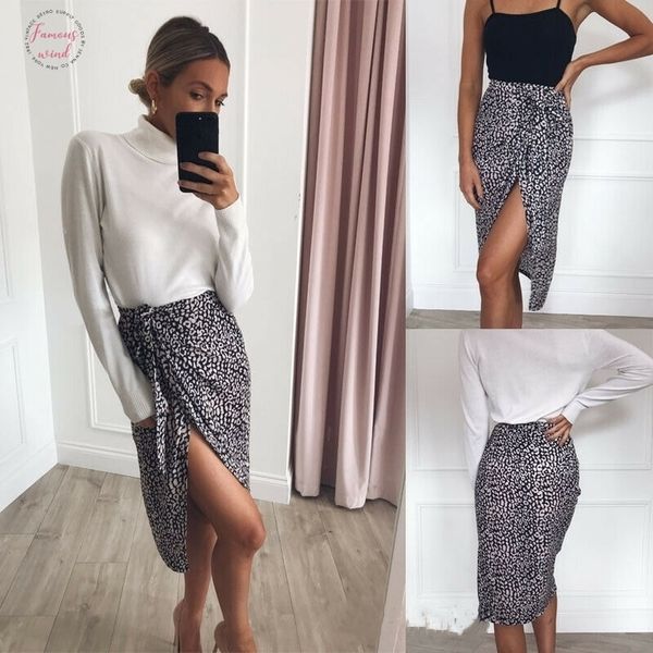 

fashion women summer high waist slim skirts high side slit beachwear lace up high waist leopard print ladies casual skirt, Black