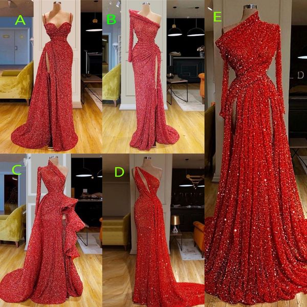 

светоотражающие красных блестки длинной вечерние платья партии 2020 длинных рукава ruched high split формальной длина партии пола пром плать, Black;red