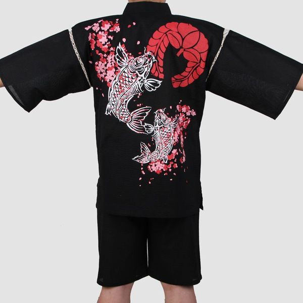 

men summer kimono bath robe with shorts traditional japanese cotton pajamas suit costume vintage men home dressing gown 062508, Black;brown