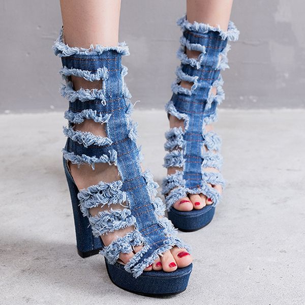 

summer women boots denim peep toe super high heels solid mid calf platform rubber zipper ladies wedding shoes zapatos mujer n60w, Black