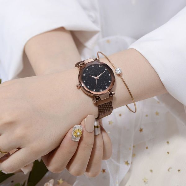 

fashion women watches mesh ladies clock magnet buckle starry diamond geometric surface casual women quartz wristwatch, Slivery;brown
