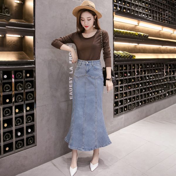 

2019 new elegant long denim skirts women's mermaid summer skirt woman fashion high waist jeans skirts womens blue, Black