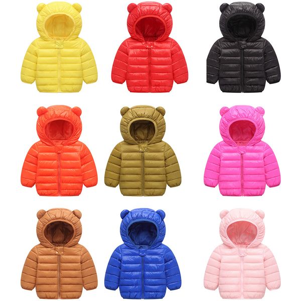 

2018 новая осень зима пальто мальчики девочки малые уха с капюшоном candy solid color light тонкие одежды детей вниз хлопка куртка 6m-5t, Blue;gray
