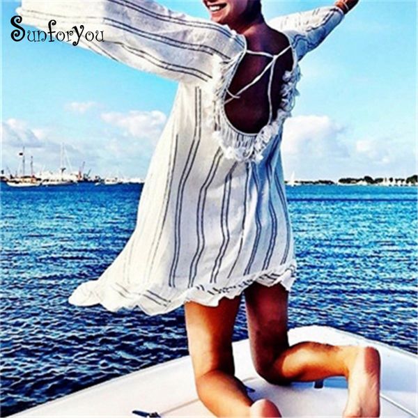 

new cotton tassel beach cover up tunics for beach 2019 women swimsuit cover up swimwear striped pareo dress beachwear, Blue;gray