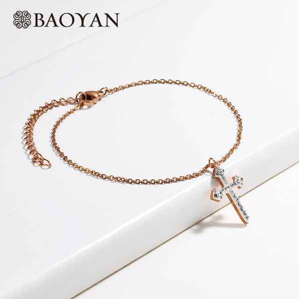 

baoyan simple rhinestone cross charm bracelet femme ladies rose gold/silver/gold color stainless steel chain bracelets for women, Black