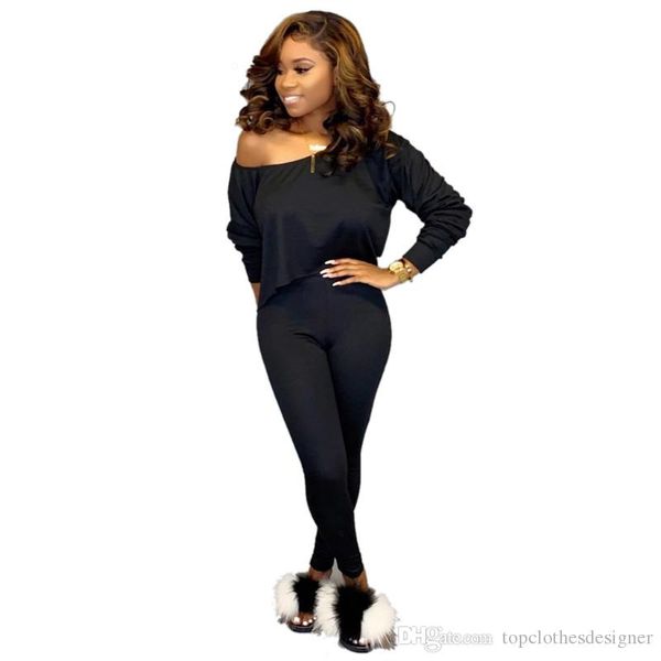 

solid color womens 2pcs pants personality one shoulder long sleeve long pants womens 2pcs sets females clothing, White