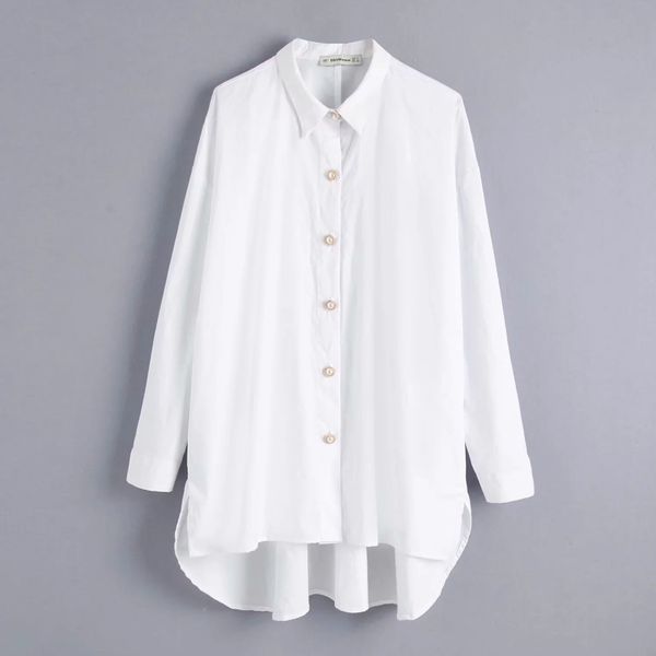

fashion women button decoration loose shirt 2019 autumn leisure lady long sleeve blouse poplin s6361, White
