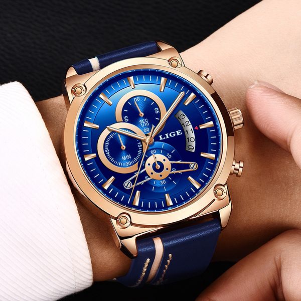 

lige new men's watch chronograph analog quartz watch date creative dial blue leather strap waterproof wrists reloj hombre, Slivery;brown