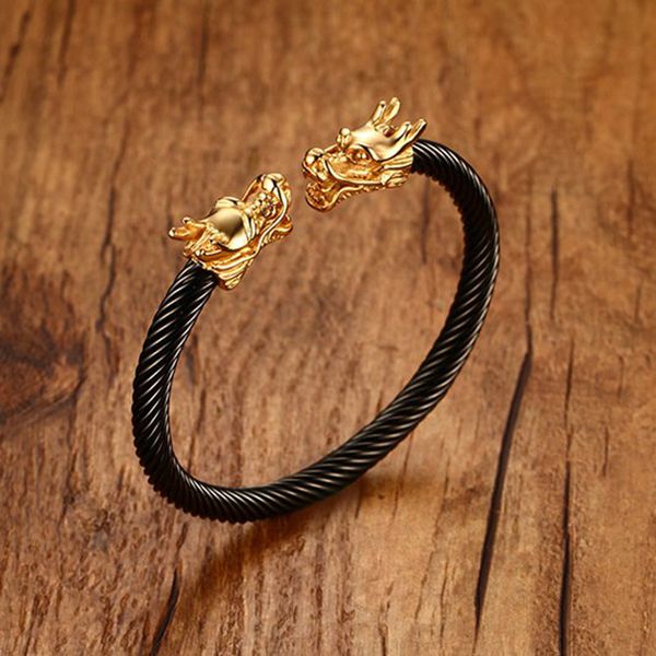 

unique elastic adjustable gold tone dragon head cuff bangle in black stainless steel twisted cable bracelet for men jewelry, Golden;silver
