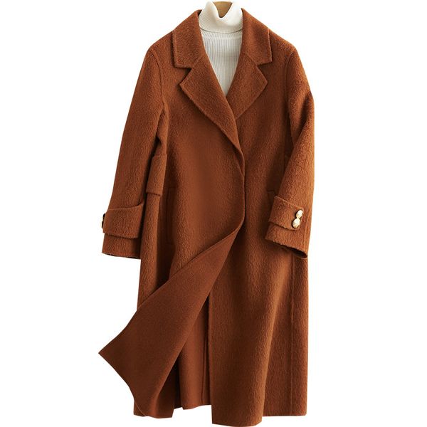 

2020 новый темперамент длинный фонд свободное пальто женщина альпака двусторонняя шерсть шерстяное пальто, Black