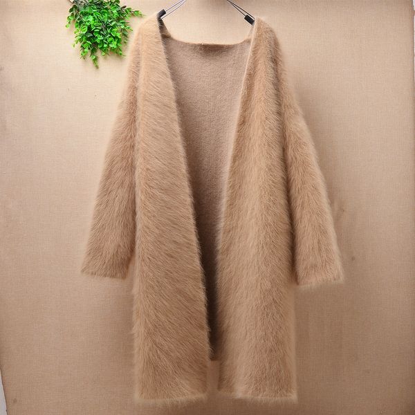 

casual fashion women long thicken plush mink cashmere cardigan long sleeves loose angora wool sweater coat mantle, White