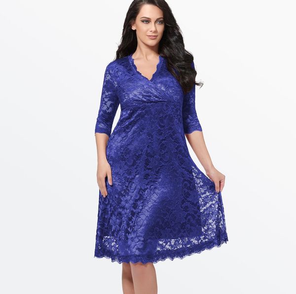 

lace v neck evening dresses tea length back zipper formal party dresses plus size mother of the bride special occasion dresses dp5040, Black;red