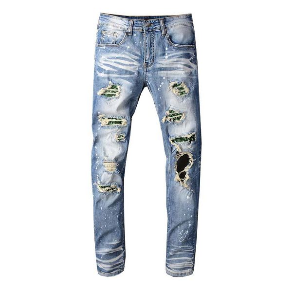 

autumn new men's jeans tide brand liu nail drilling holes casual feet pants youth slim, Blue