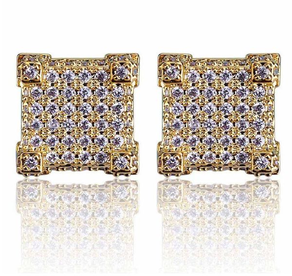 

wholesale-new custom iced out gold color micro paved zircon square stud earring with screw back bling jewelry for women & male, Golden;silver