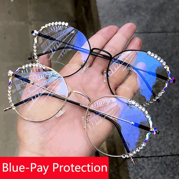 

blu-ray pretection vintage oval glasses women retro eyeglasses men clear lens rhinestone spectacle frame anti blue light goggles, Black