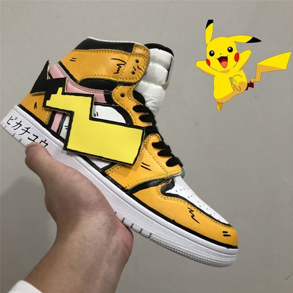 

new jumpman 1 pi ka chu joint high men's and women's graffiti sneakers casual shoes size 36~45, Black