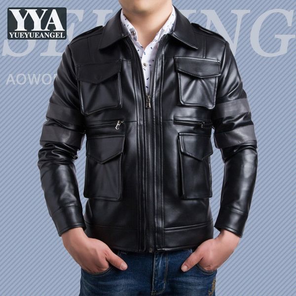 

men's fur & faux men black pu leather biker jacket punk bomber jackets vintage slim fit zipper coats casual mens windbreakers brown out