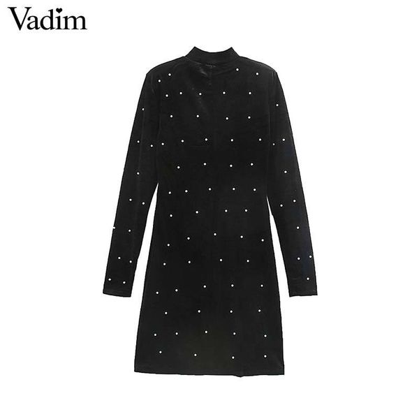 

vadim women elegant ovelvet black mini dress long sleeve beading design female casual stretchy chic dresses solid vestidos qd024, Black;pink