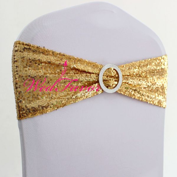 

wedfavor 100pcs wedding sequin chair bow sashes lycra spandex glitter chair band tie with round buckle party event decoration