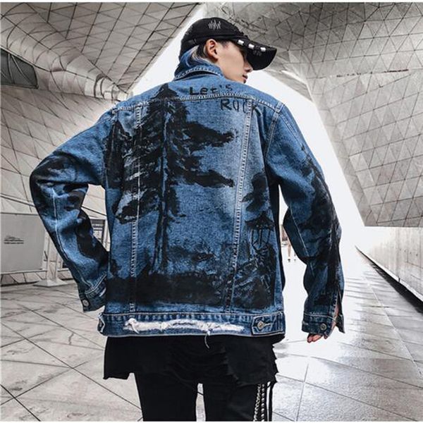 

cool coconut tree print hip hop fashion printed jeans jacket men's cotton casual streetwear autumn new denim jacket coat for men, Black;brown
