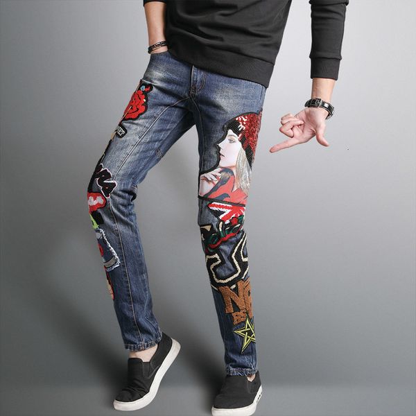 

new fashion men's lady printed jeans men slim straight blue long jeans designer pants nightclubs singers size 29-38
