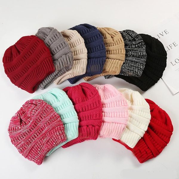 

women ponytail caps knitted beanie fashion girls winter warm hat back hole pony tail autumn casual beanies crochet hats, Blue;gray