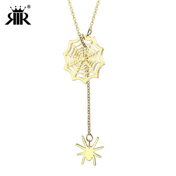 

rir stainless steel statement gold halloween creepy spider web bug cutout long chain pendant necklace for women, Silver