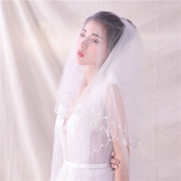 Newest Handmade Beaded Sequins Two Layers Bride Veils With Hair