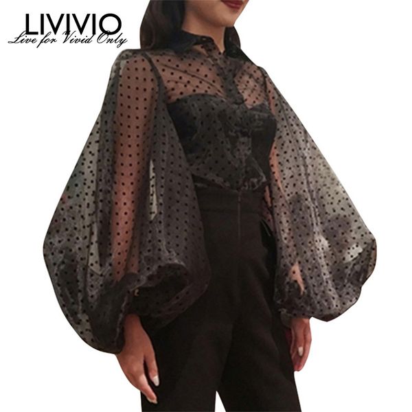 

women's blouses & shirts [livivio] vintage polka dot long puff sleeve womens and plus size sheer 2021 summer clothes ladies korean, White