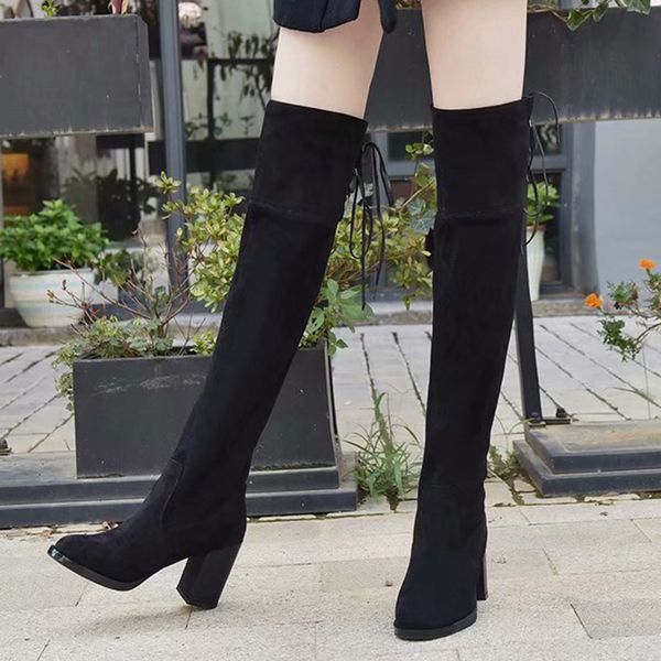 

2019 autumn winter new style women boots large size women's soild round toe flock square heel shoes party hight boots#g6, Black