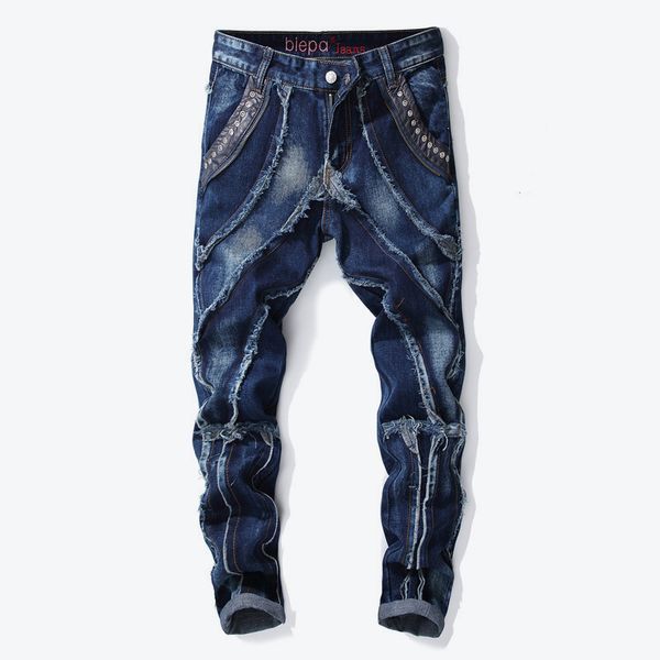 

zipper patchwork mid waist jeans pnats men full length slim pleated multi-pocket men's trousers 2019 autumn male trouser, Blue