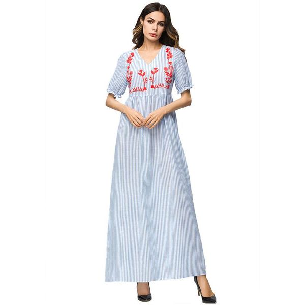 

muslim abaya dress women caftan embroidery stripe v-neck uae turkey moroccan dubai islamic clothing loose party long vestidos, Red