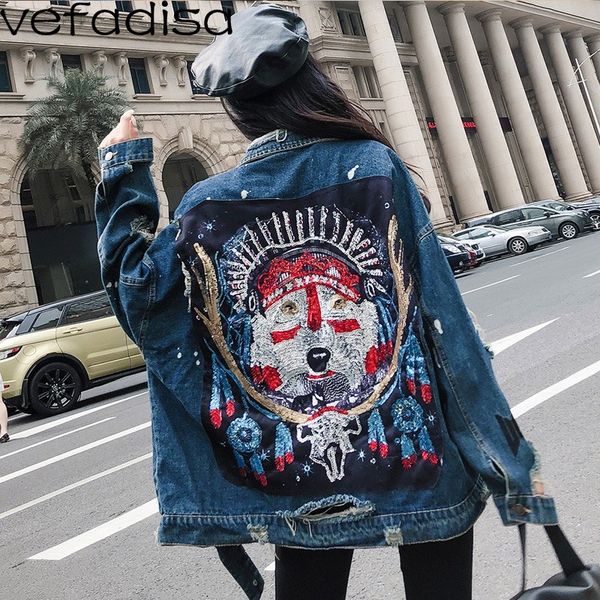 

vefadisa wolf totems embroidery jeans jacket women sequin cowboy jacket single breasted coat long sleeves holes coat zld338, Black;brown