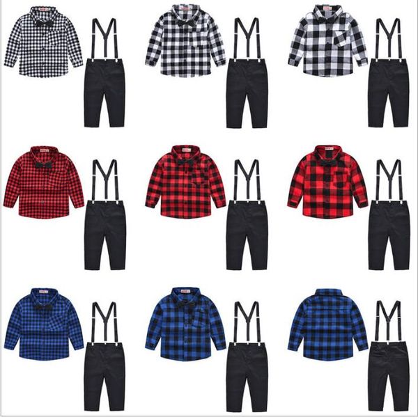

baby kids clothes boys plaid suits grid shirts overalls child gentleman clothing sets fashion boutique t shirt suspender pants outfits b5064, White