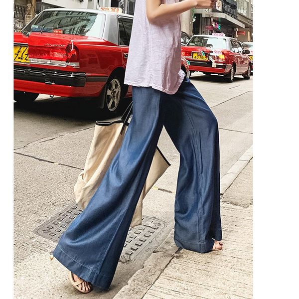 

2019 summer high waist wide leg jeans wide leg pants women lace up loose jeans blue denim pants casual plus size trousers